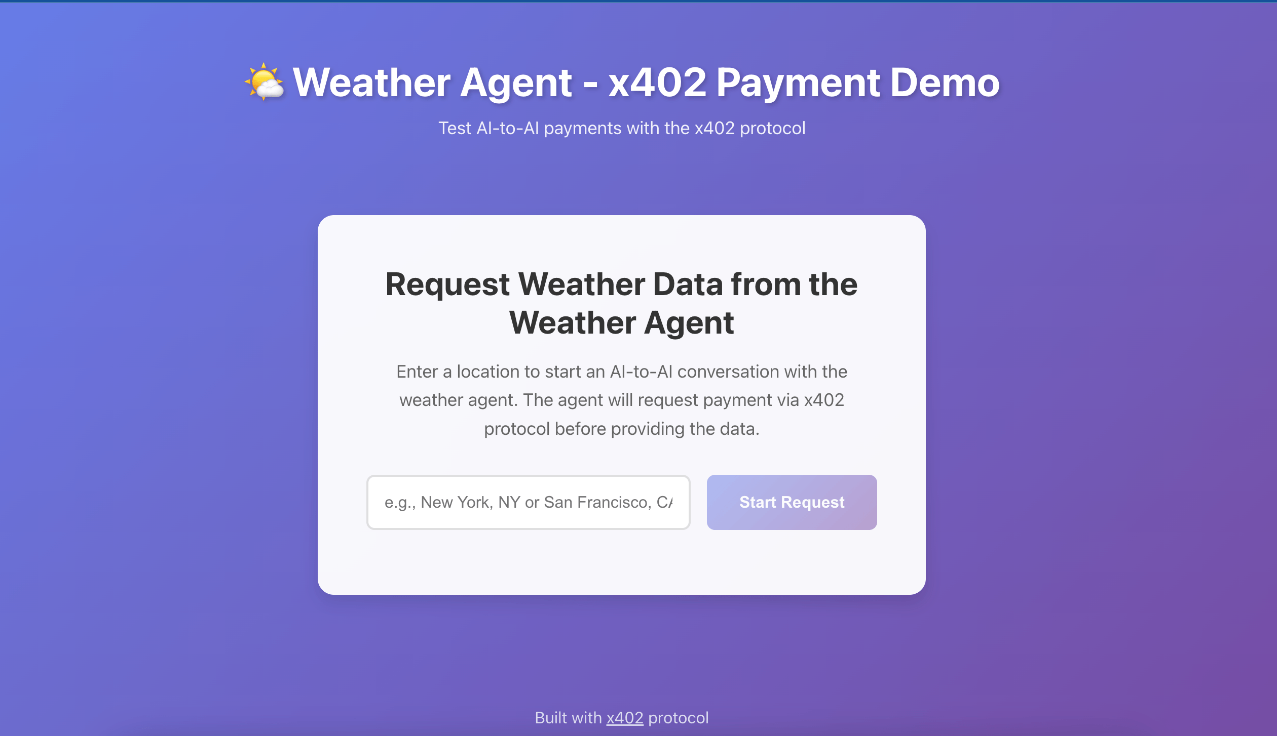 Weather Agent UI showing payment flow