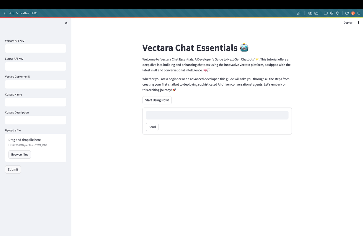 Vectara Chat Essentials Welcome Screen