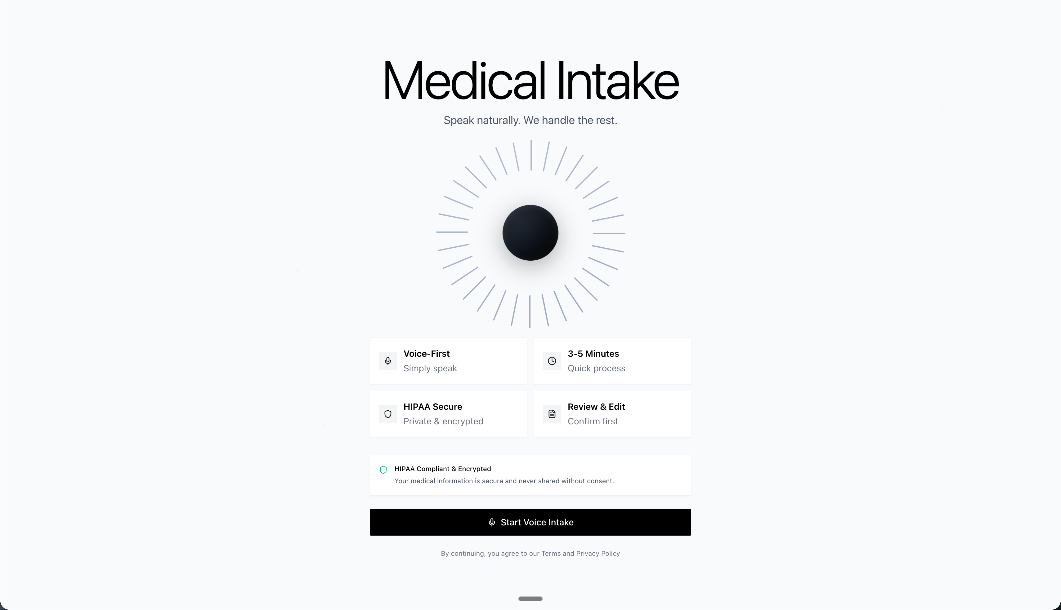 Homepage with start button for the voice-first intake