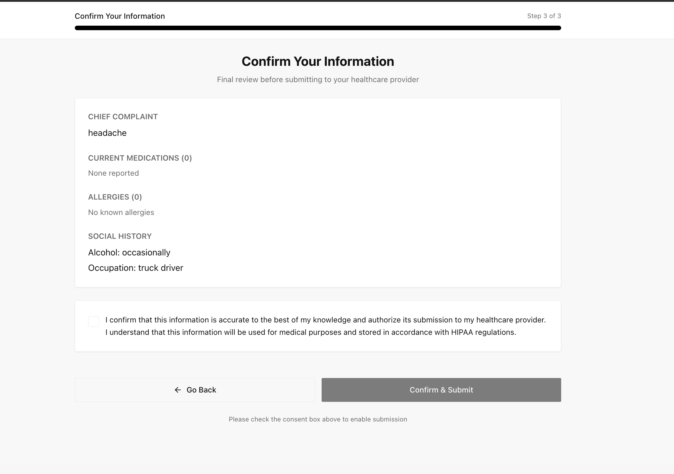 Confirmation screen with full medical intake narrative