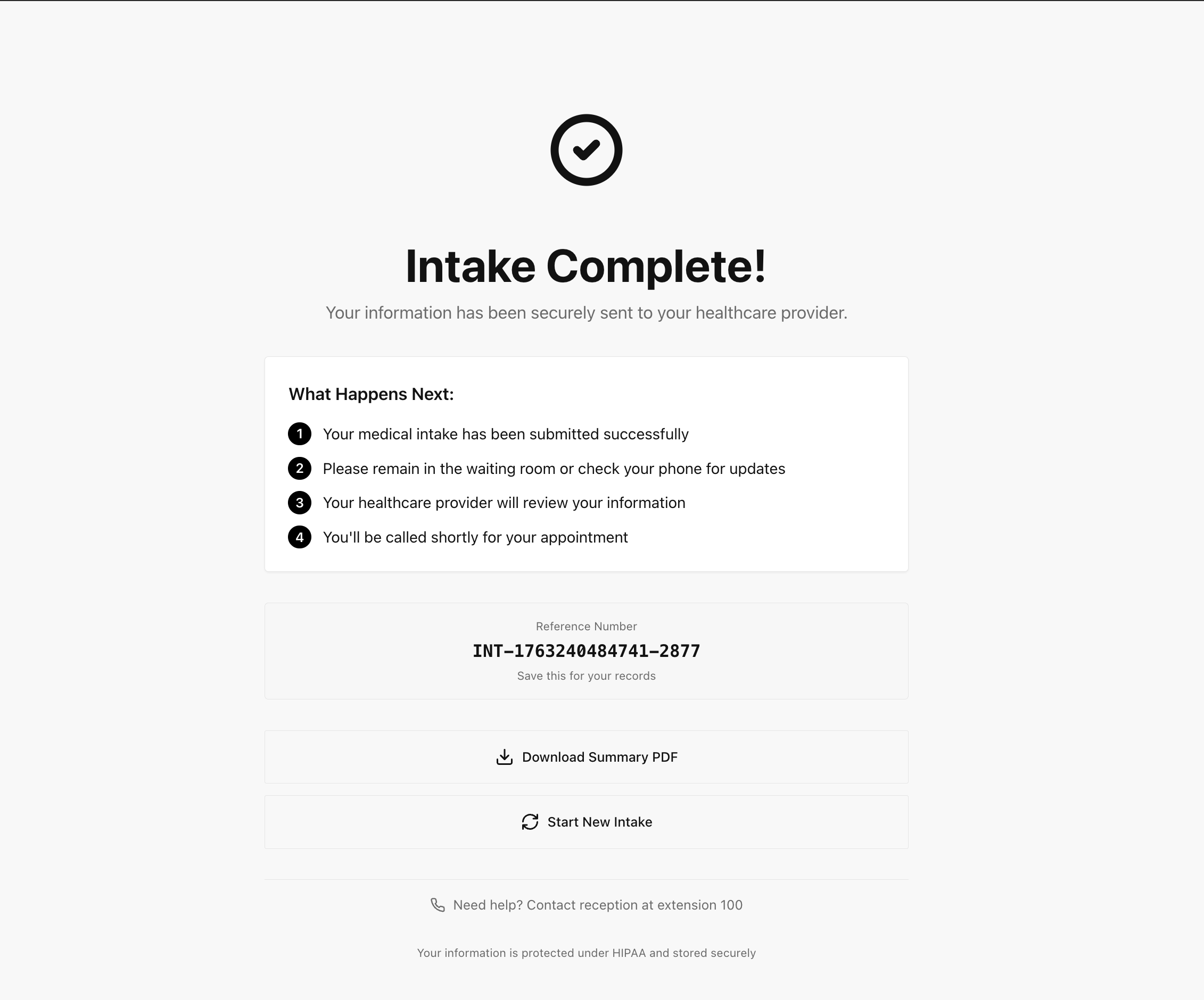 Intake complete success screen
