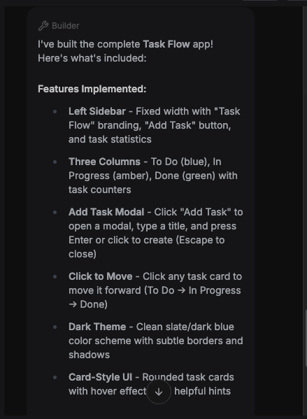 Builder completion summary showing all implemented features