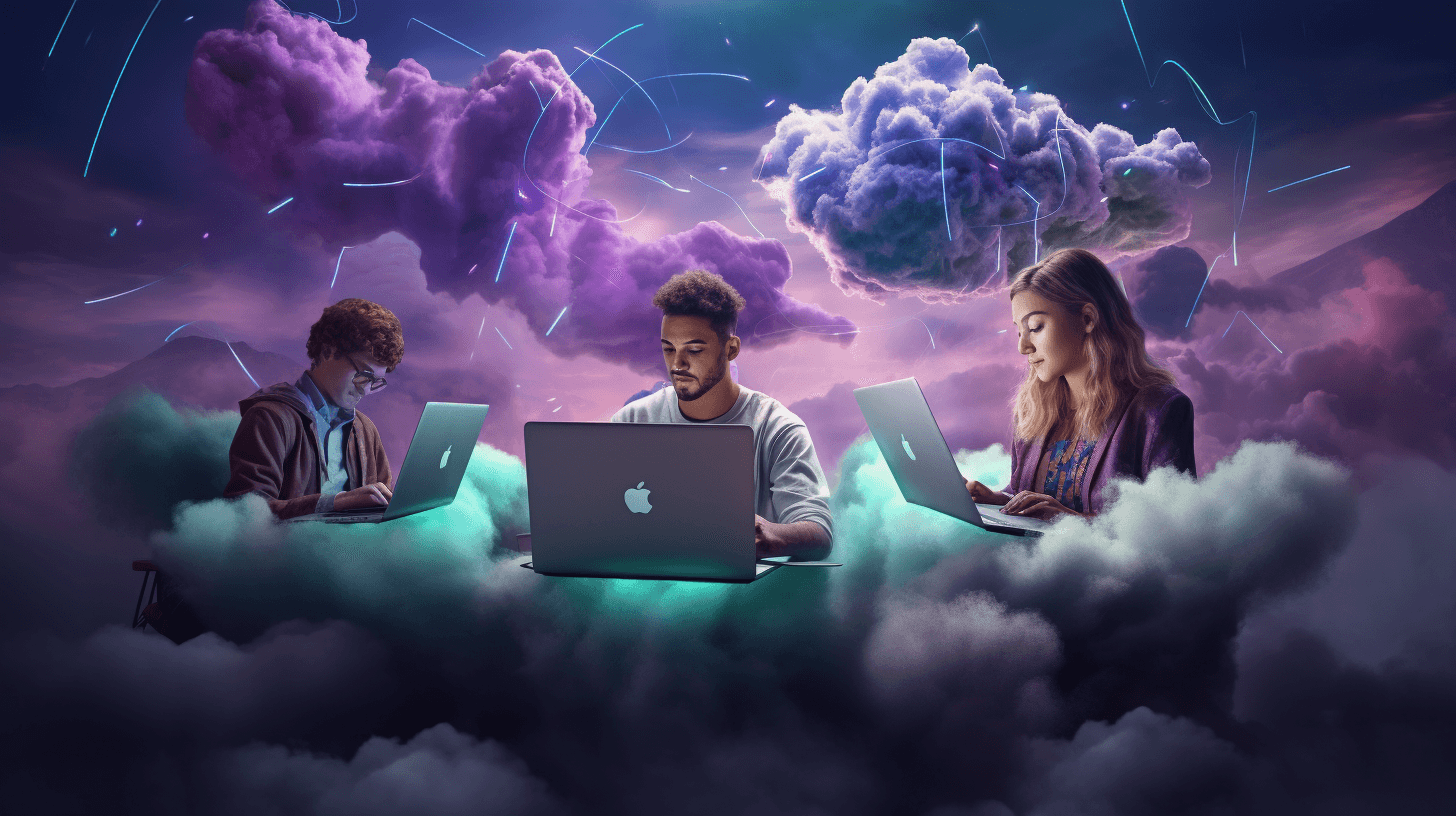 person with laptop working in the clouds, purple and green, innovations
