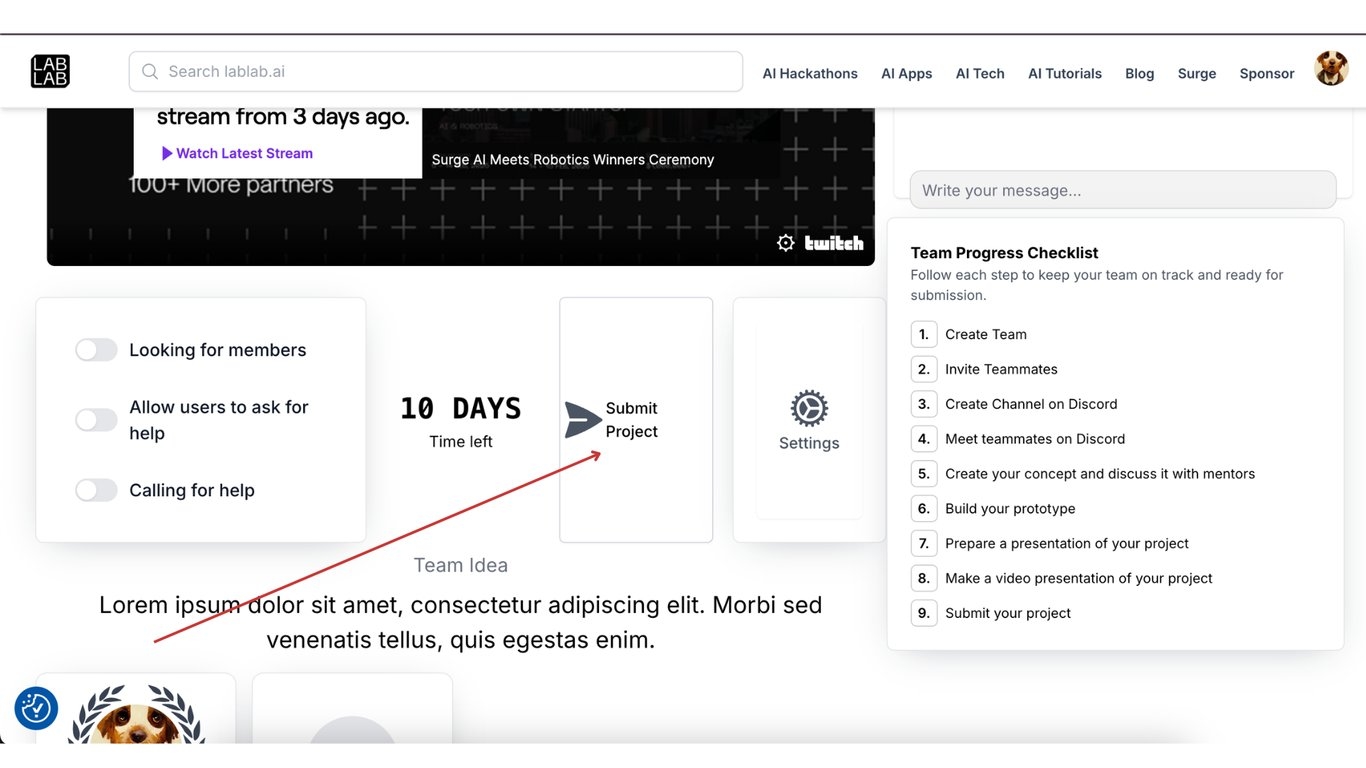 Submit project button on hackathon page