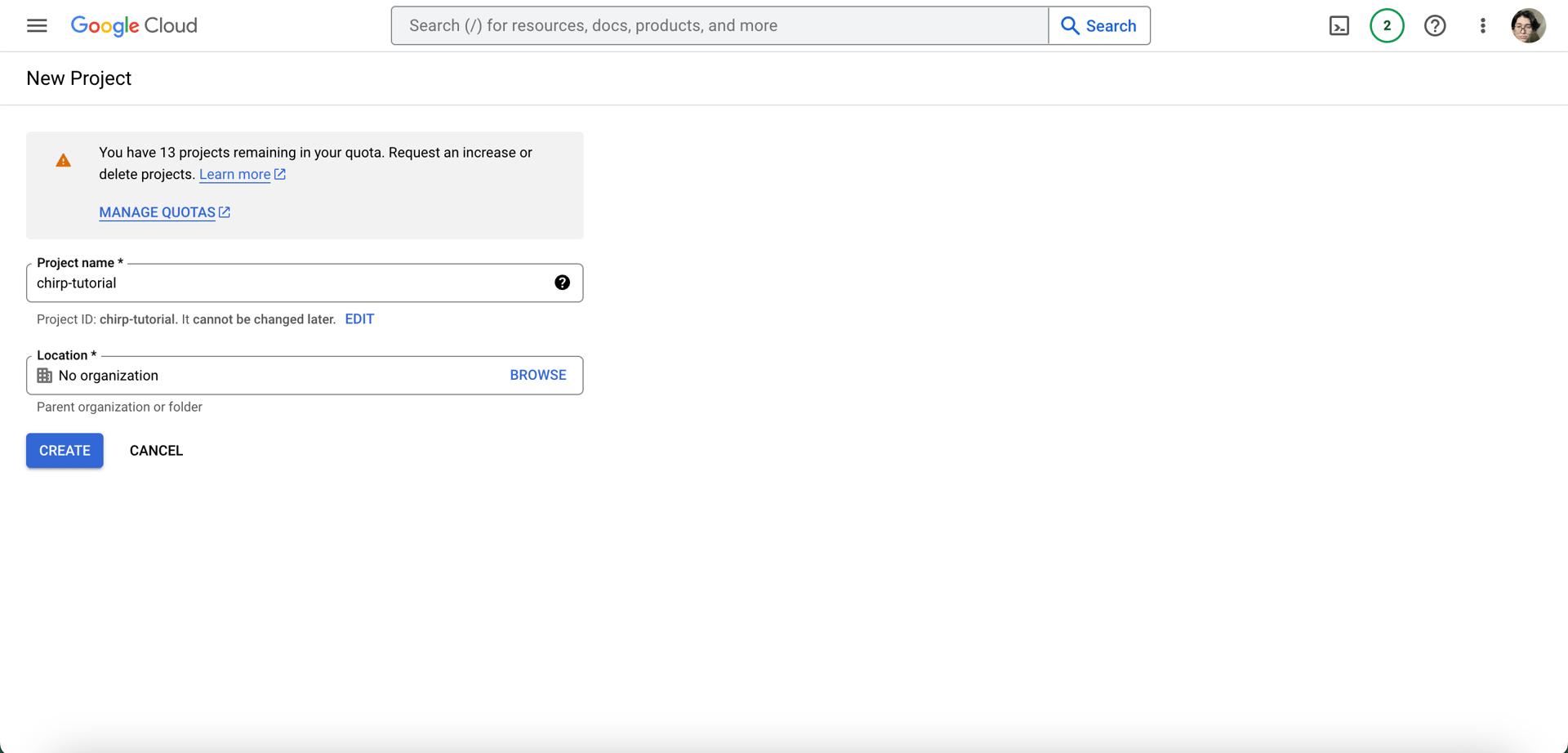 Google Cloud console naming our project
