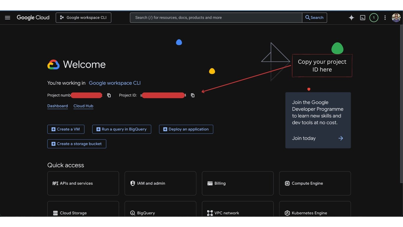 GCP dashboard for the new project with an arrow pointing to the Project ID
