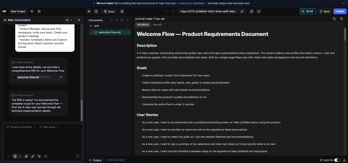 Welcome Flow PRD in the Docs tab