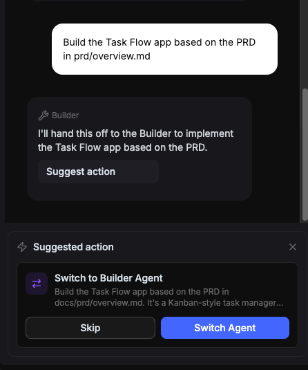 Switch to Builder Agent suggested action card