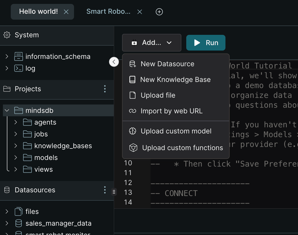 MindsDB select new datasource