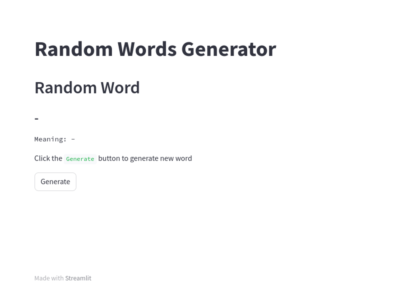 The updated UI of our random words generator app, it has subheader, text elements and button