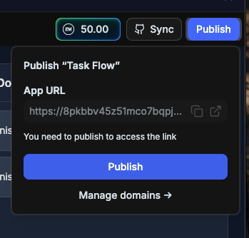 Publish panel showing app URL