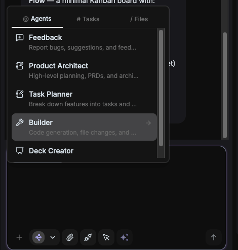 Agent selector dropdown with Builder highlighted