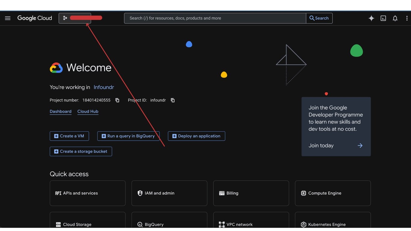 Google Cloud Console welcome screen with an arrow pointing to the project selector button