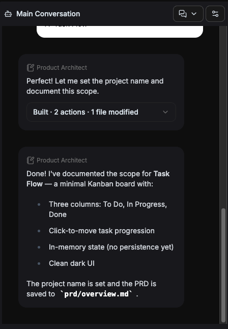 Product Architect PRD completion summary in chat