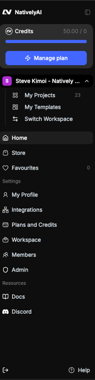 Native.Builder sidebar with all navigation items