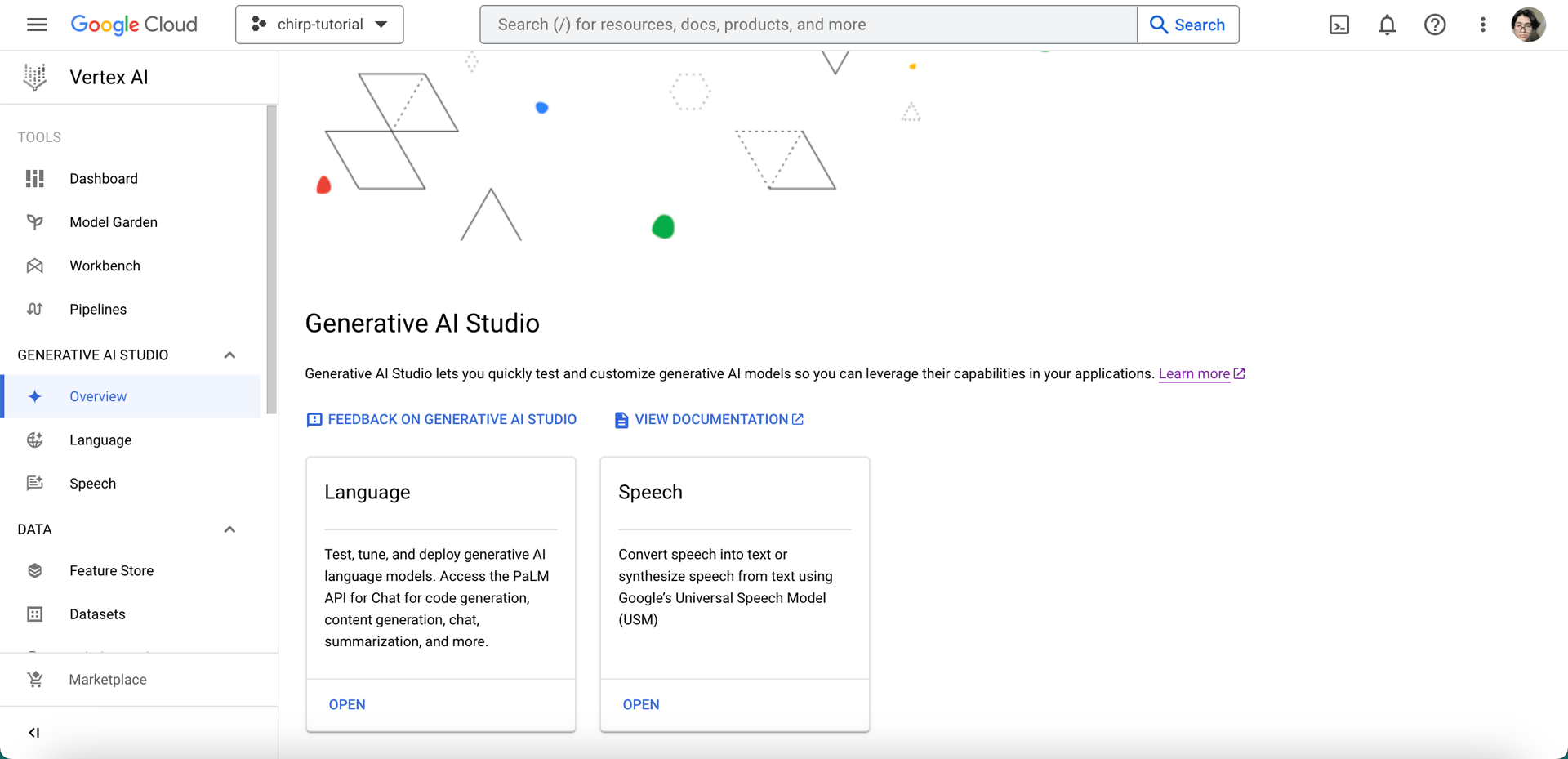 Generative AI Studio dashboard