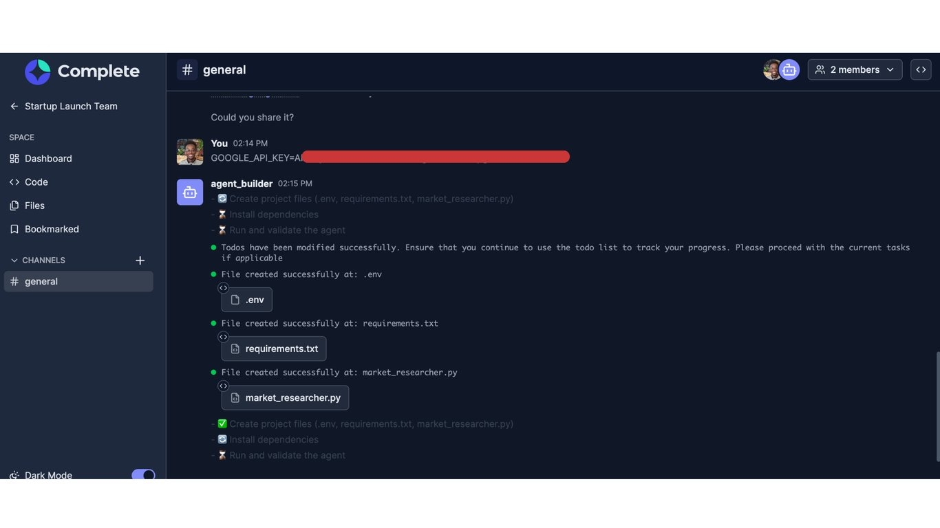 Agent builder completing the Research agent