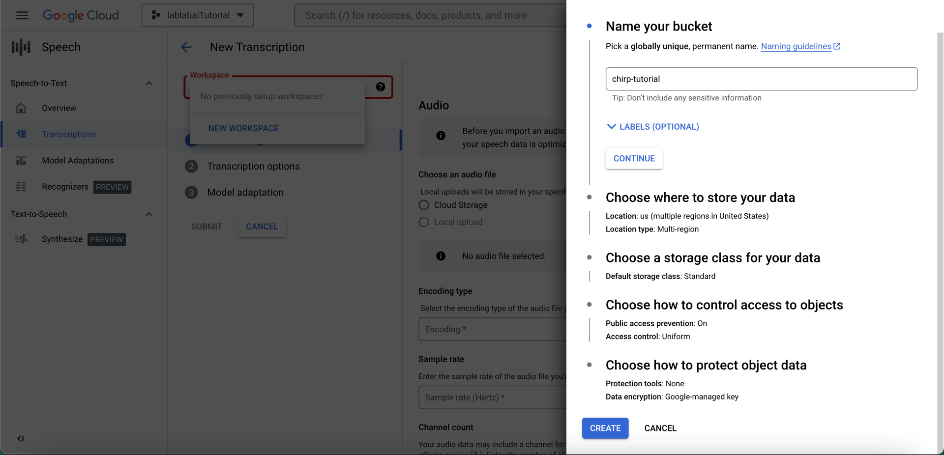 Google Cloud console naming new Bucket