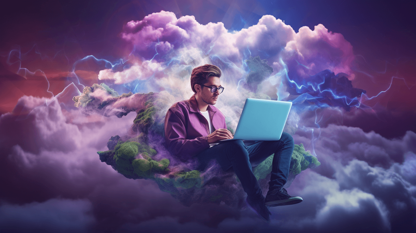 person with laptop working in the clouds, purple and green, innovations