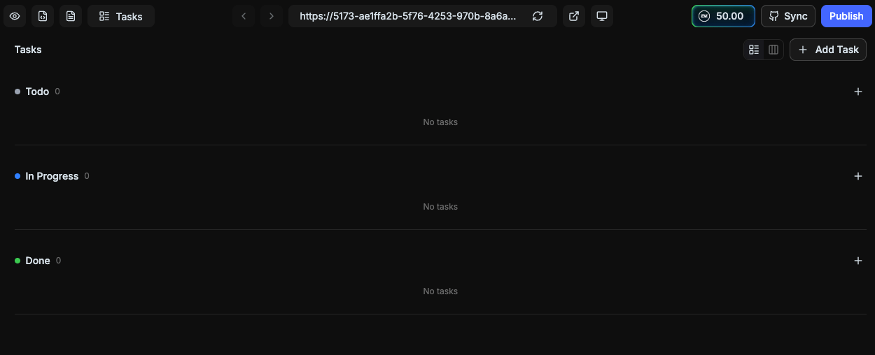 Tasks tab showing the development task board