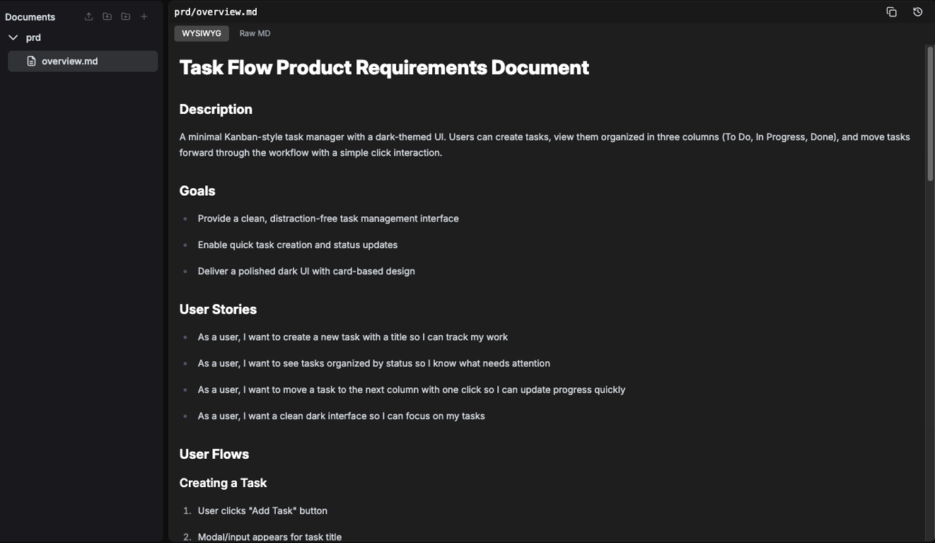 PRD shown in the Docs tab WYSIWYG editor