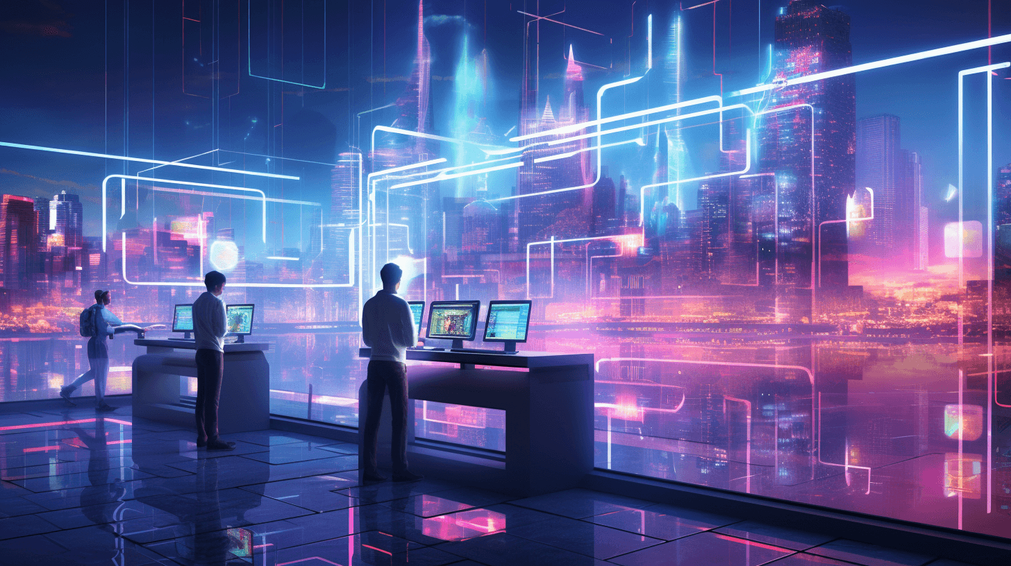 people working in the futuristic AI city