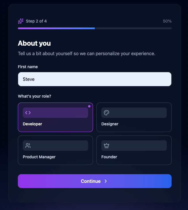 Step 2 About You with name input and role cards