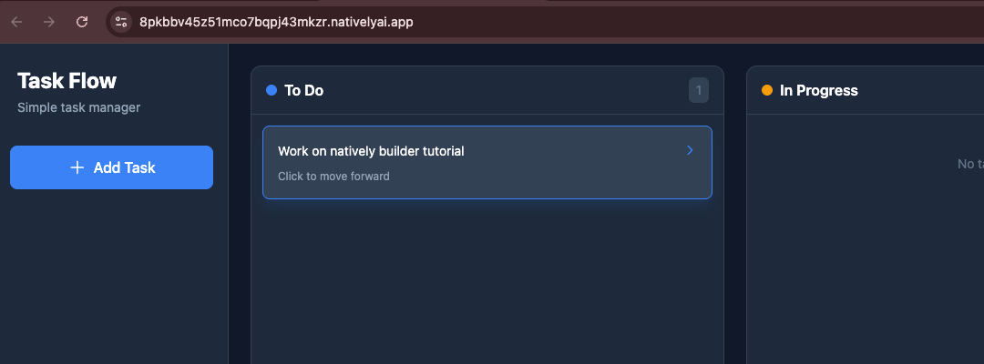 Live Task Flow app in the browser with a task added