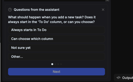 Product Architect clarifying questions modal