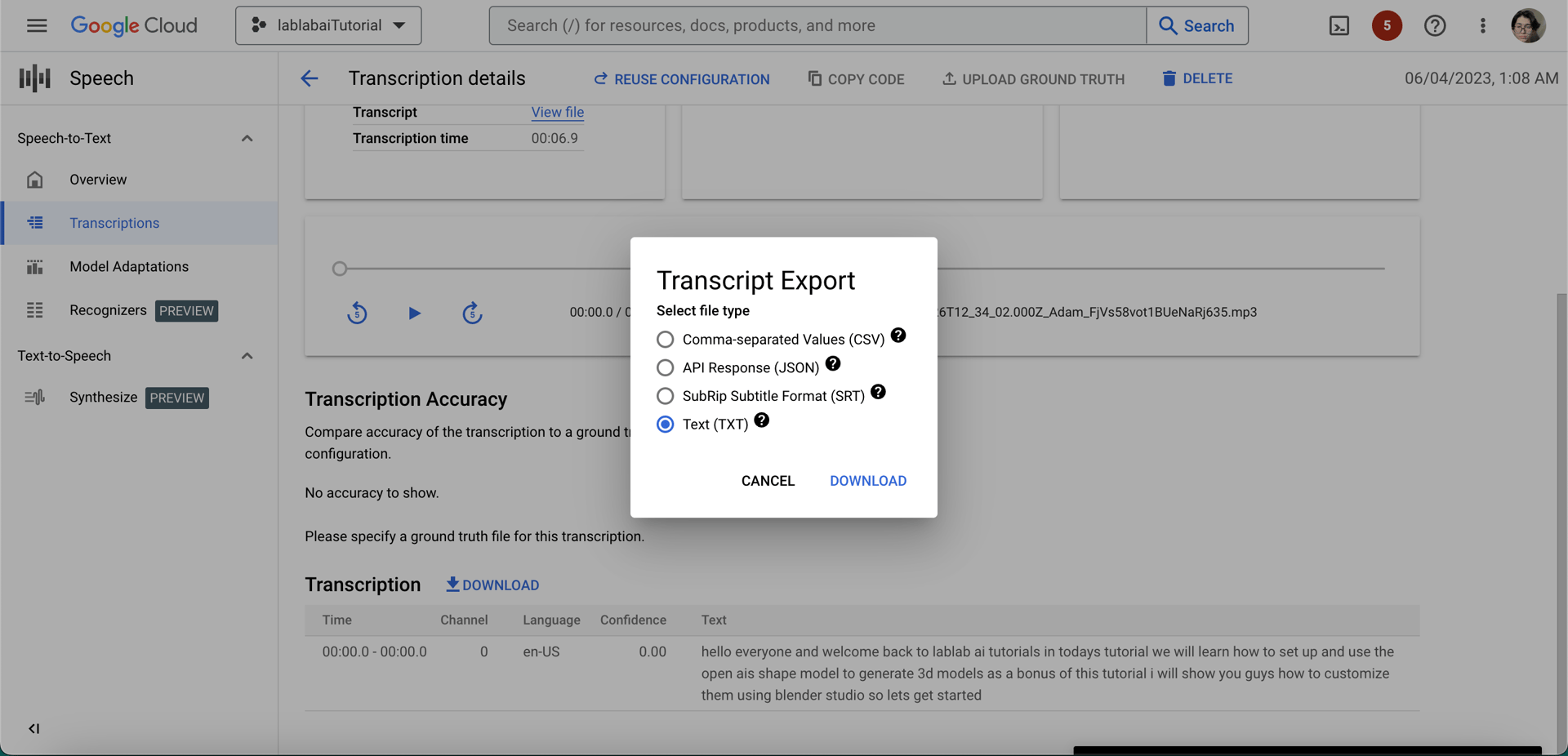 Google Cloud console transcription download options