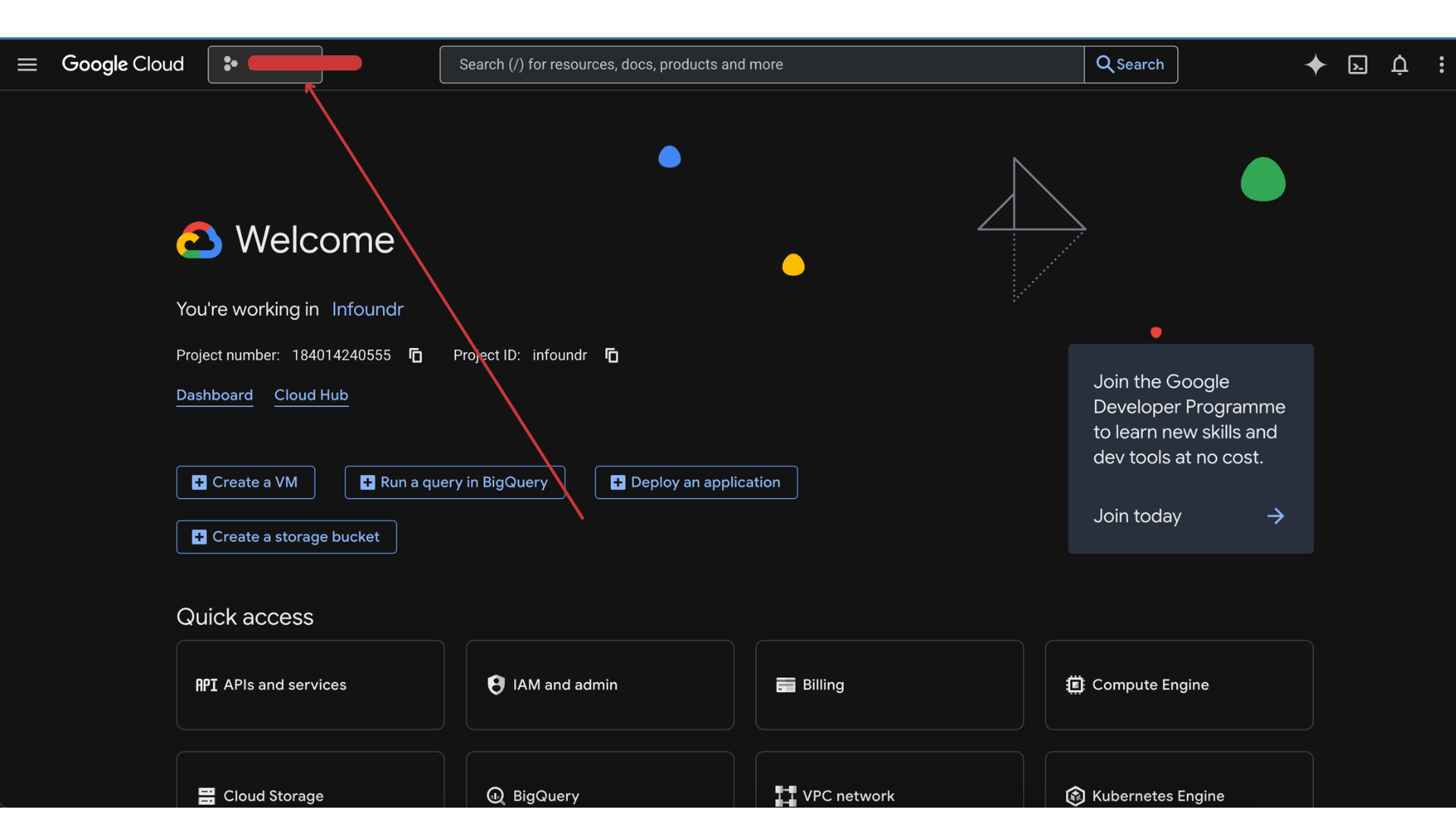 Google Cloud Console welcome screen with an arrow pointing to the project selector button