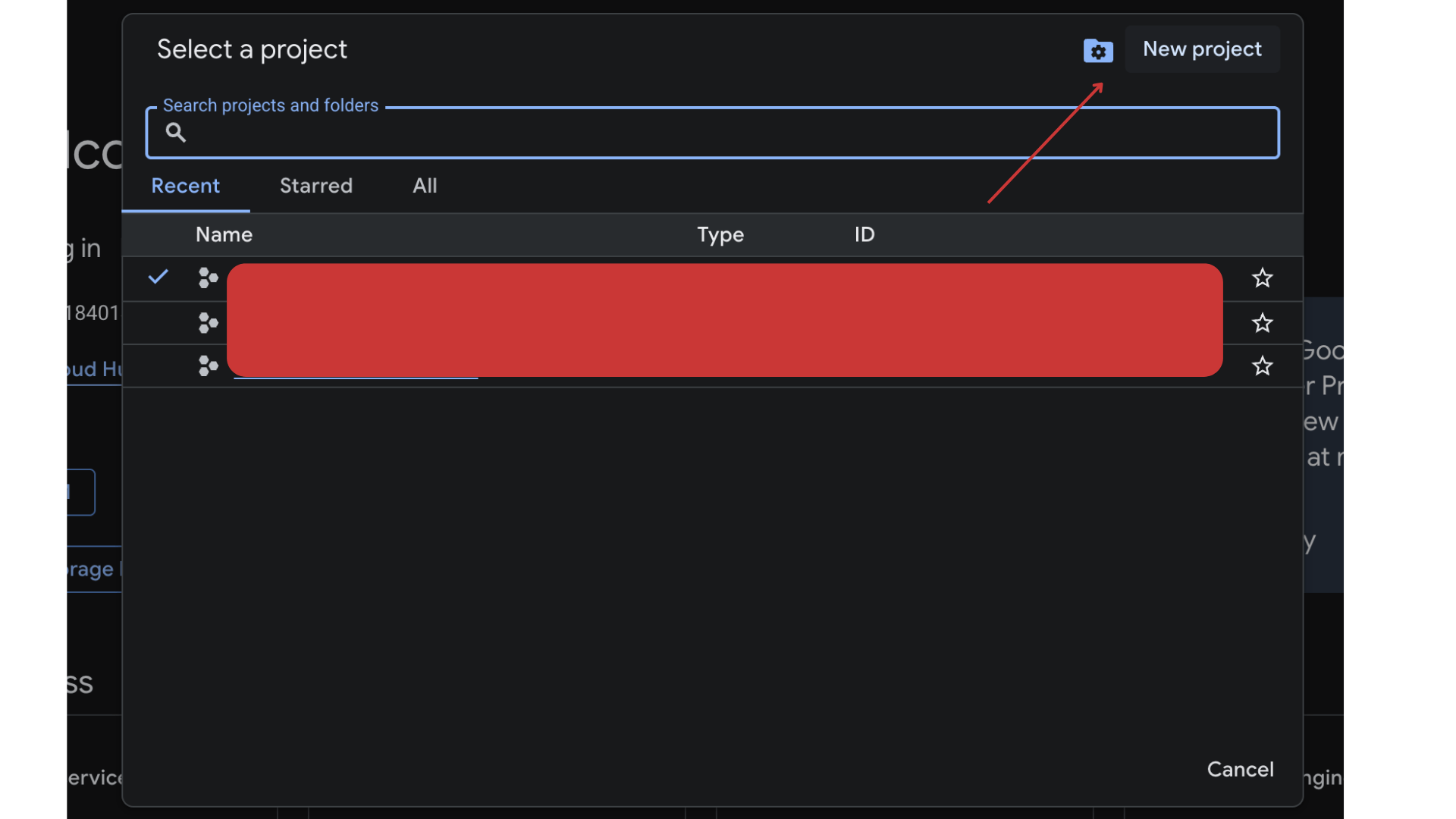 Select a project modal with an arrow pointing to the New project button