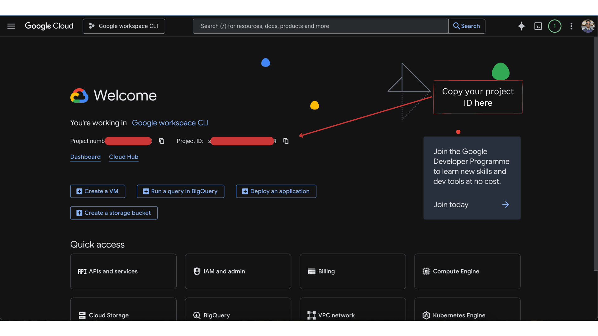 GCP dashboard for the new project with an arrow pointing to the Project ID