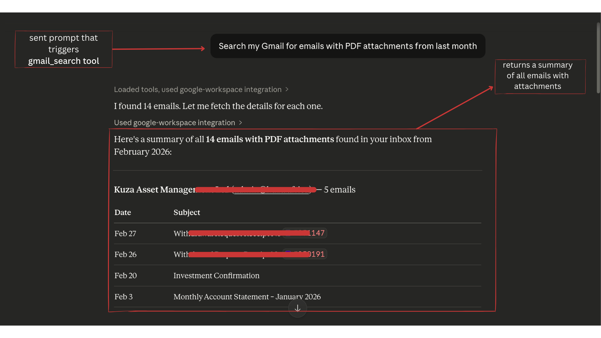 Claude Desktop showing gmail_search tool being triggered and returning a summary of 14 emails with PDF attachments from last month