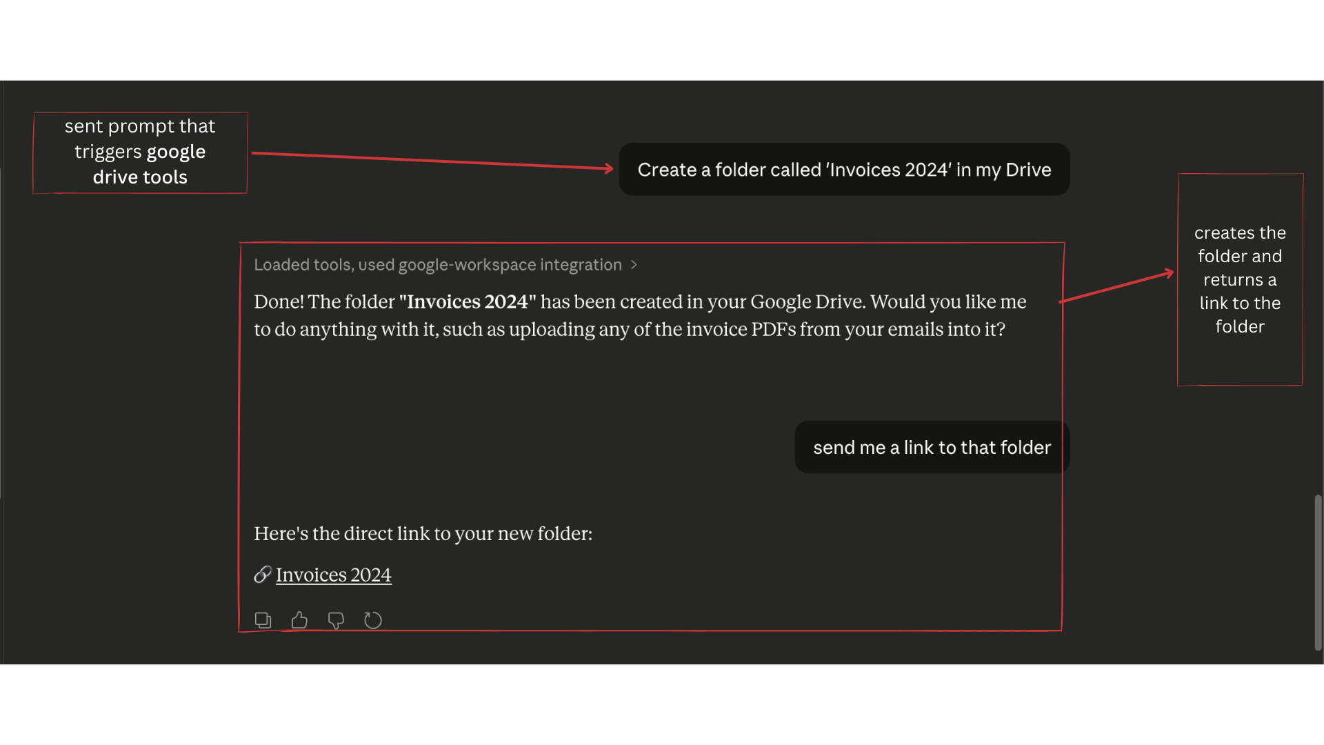 Claude Desktop showing drive_create_folder tool being triggered and returning a direct link to the newly created Invoices 2024 folder