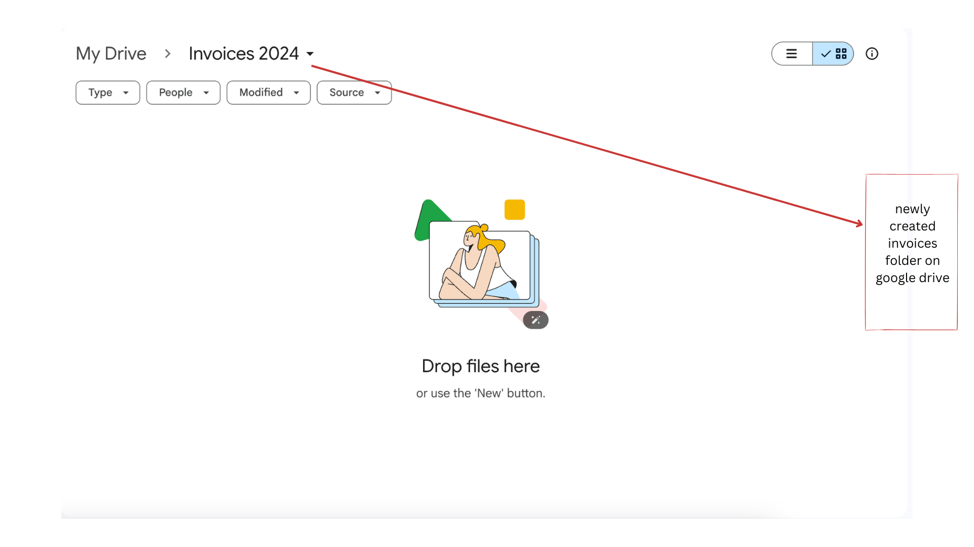 Google Drive showing the newly created empty Invoices 2024 folder
