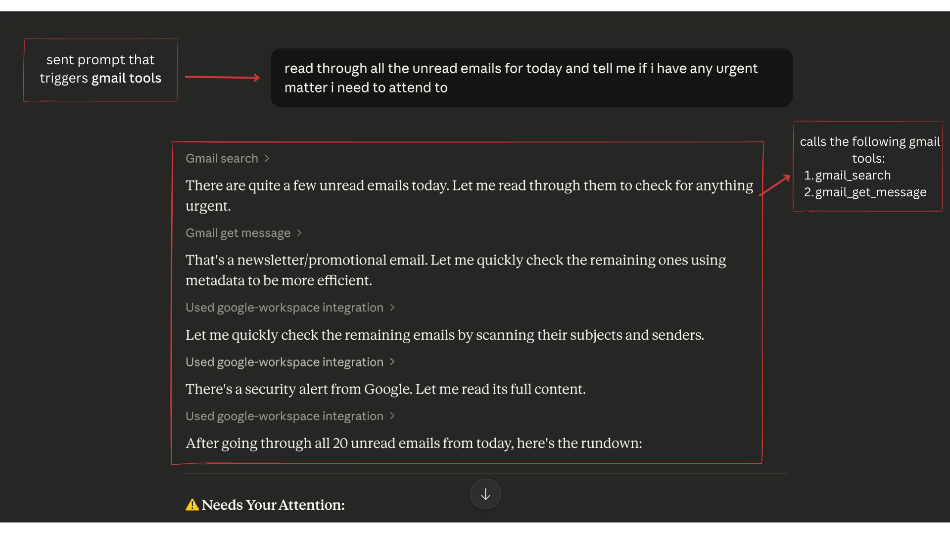 Claude Desktop calling gmail_search then gmail_get_message in sequence to triage 20 unread emails