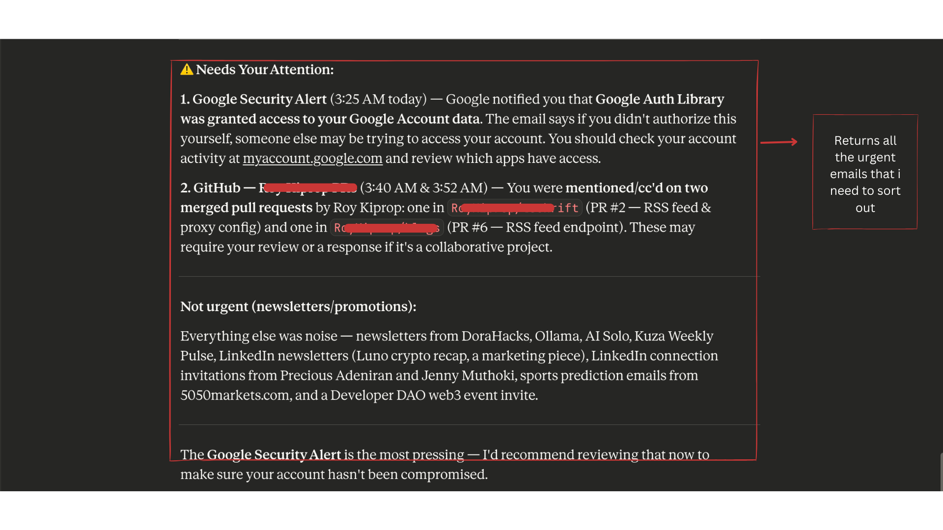 Claude's triage output highlighting a Google Security Alert and GitHub pull request review requests as urgent items
