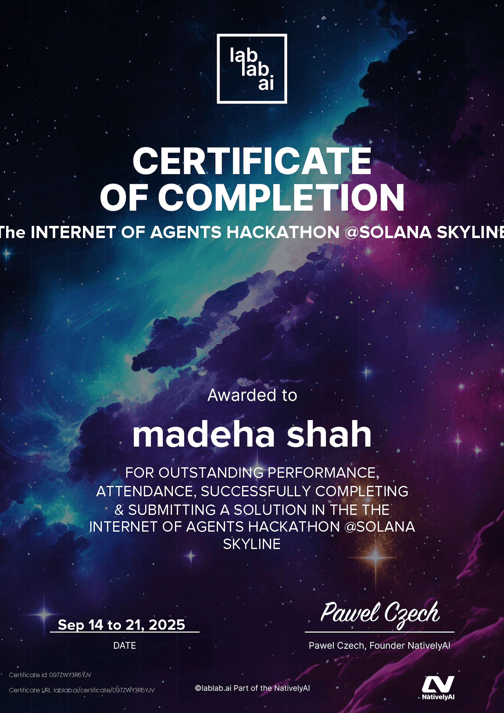 Certificate for madehashah – The INTERNET OF AGENTS HACKATHON @SOLANA  SKYLINE