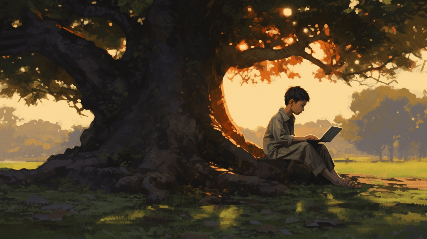 boy with a laptop under the tree