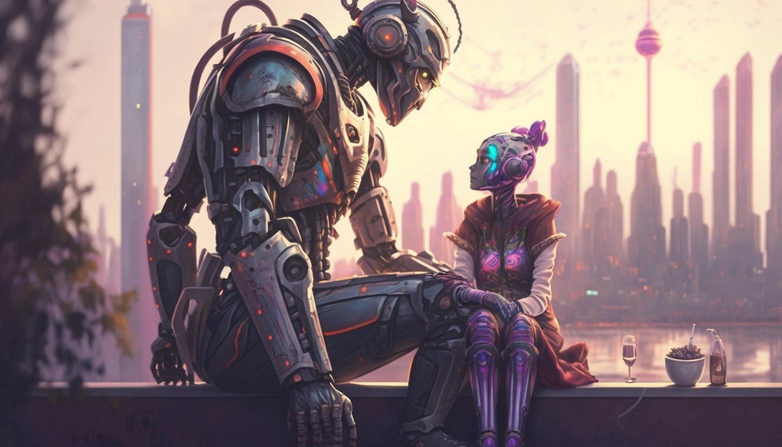 a cyborg and a girl having a conversation