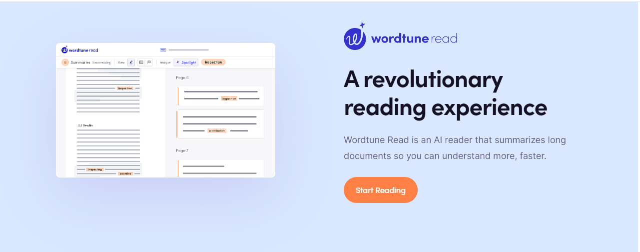 Wordtune Read, an "AI reading" service to summarize long text