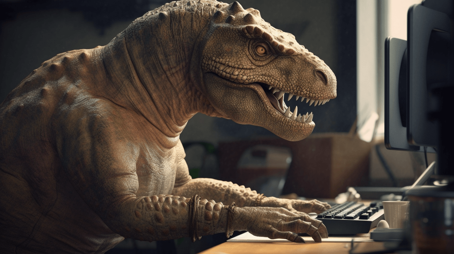 trex writing on a computer