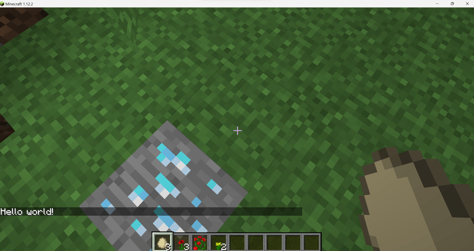 the `/py helloworld command returns "Hello world!" to the console and spawns a diamond ore block under the player character's feet