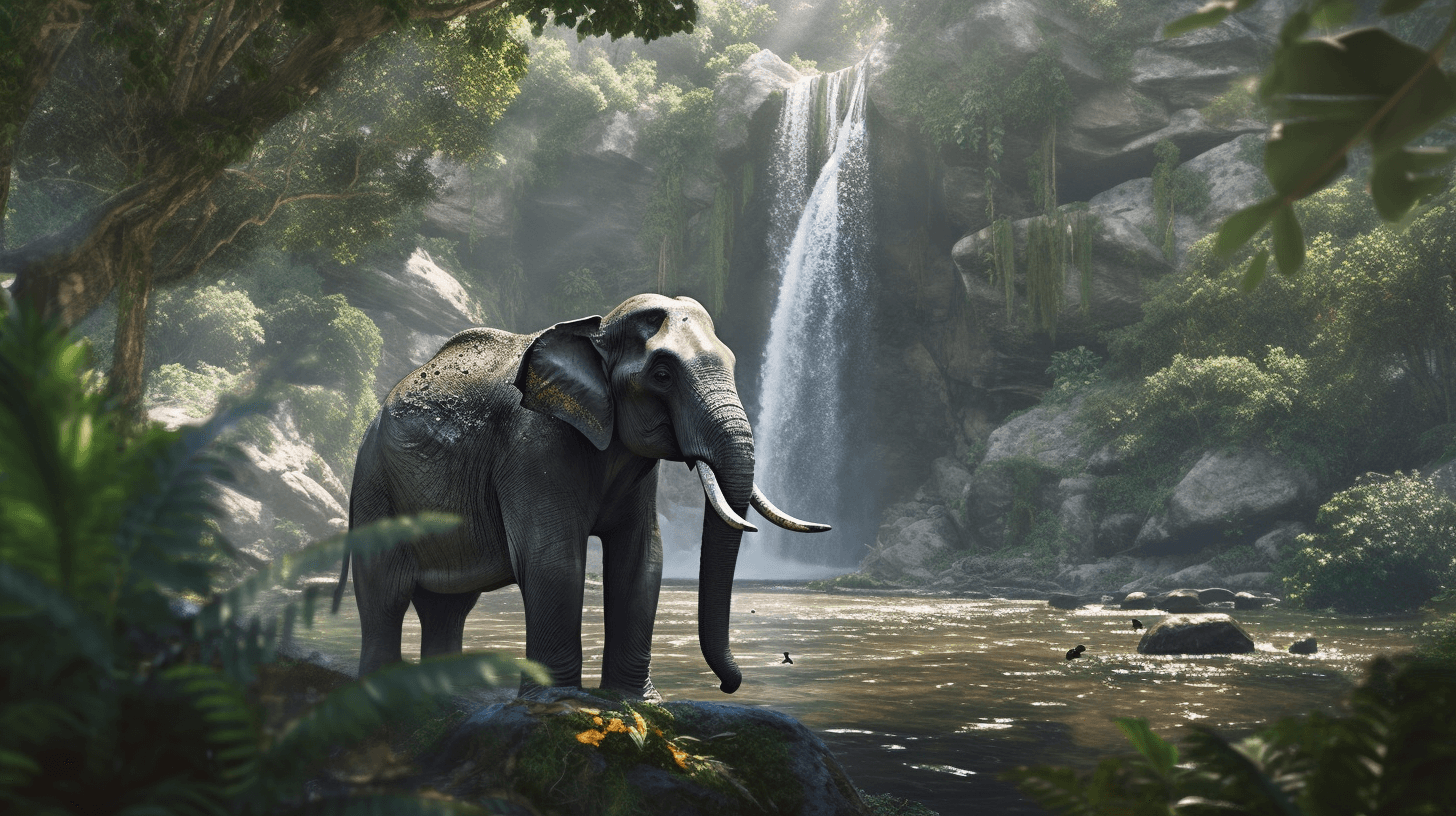 an elephant at the waterfall