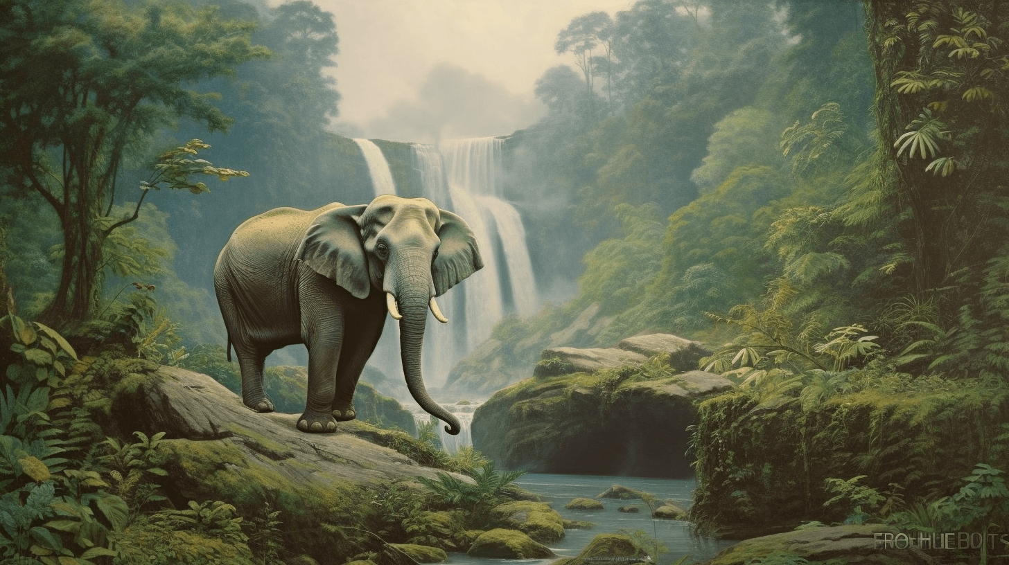 an elephant next to a waterfall