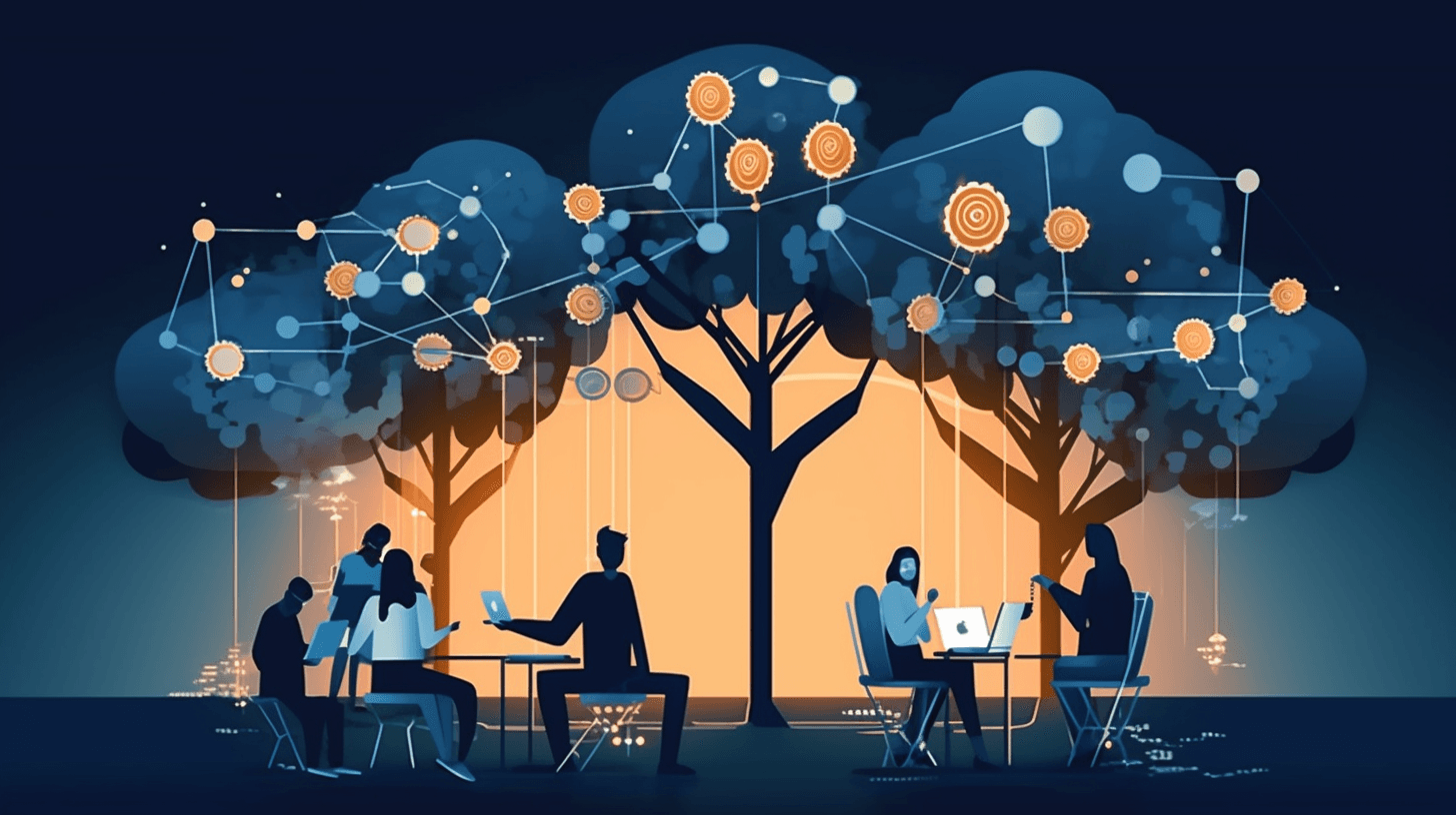 a group of people sitting around a tech tree