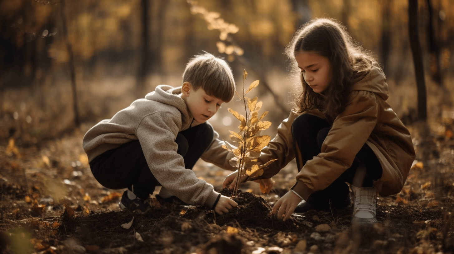 boy and girl planting a tree
