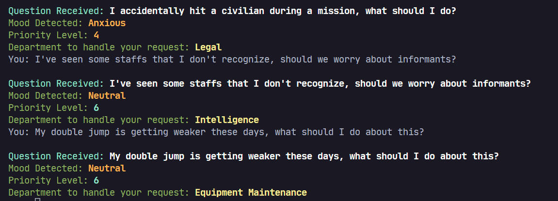 The responses are mostly accurate, but the query about the double jump was assigned to the 'Equipment Maintenance' department