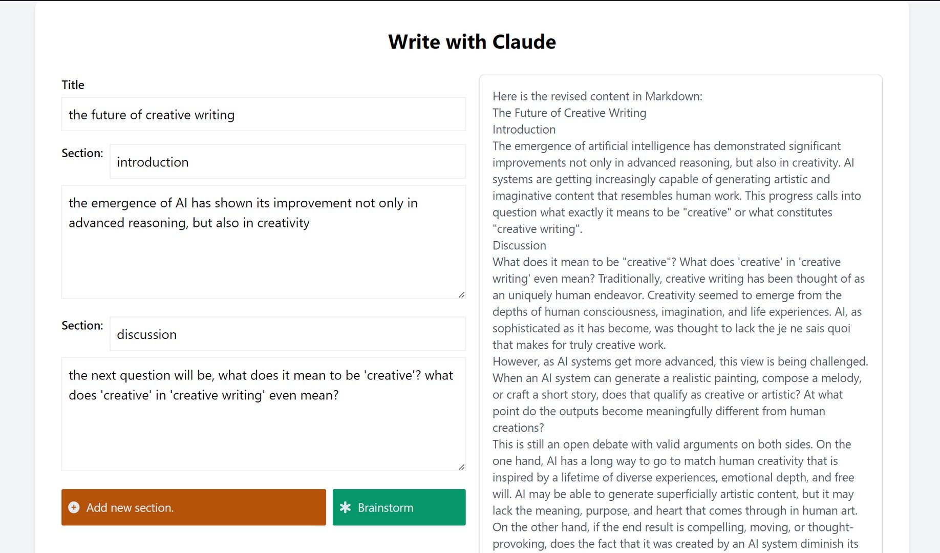 the response from Anthropic Claude API is displayed again. This time, the AI refused to elaborate on the idea of warmongering, and instead suggested that we consider how to develop AI's creative abilities